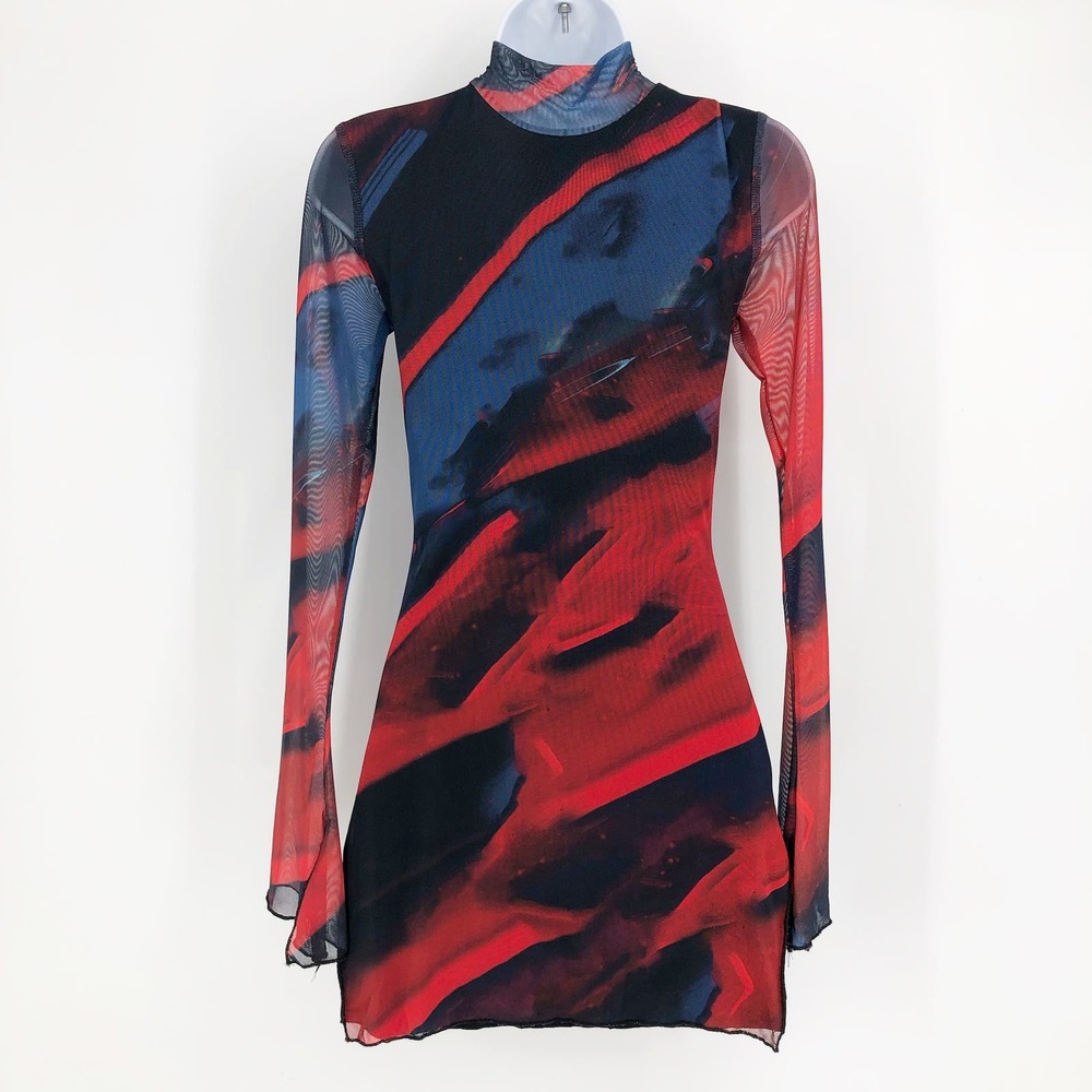 EDIKTED Sparks Fly Mesh Minidress Small Red Mock Neck Abstract NWOT - Picture 7 of 9